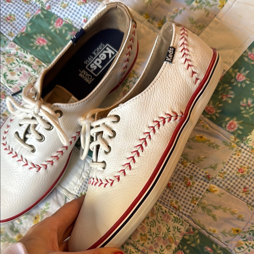 SOLD Keds White Leather Baseball Sneakers with Red Accents - Picture 3 of 8